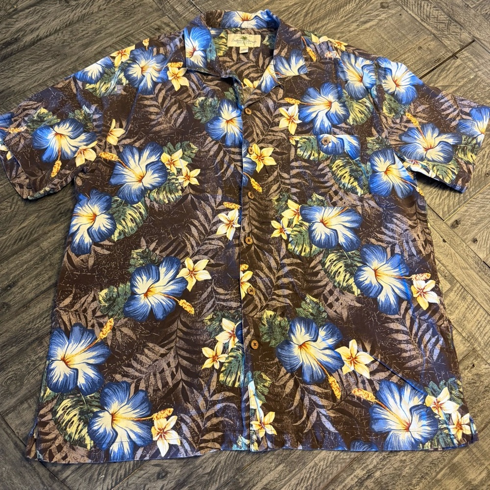 Island Shores Mens Hawaiian Shirt Multicolor Floral‎ Short Sleeve Pocket Silk XL